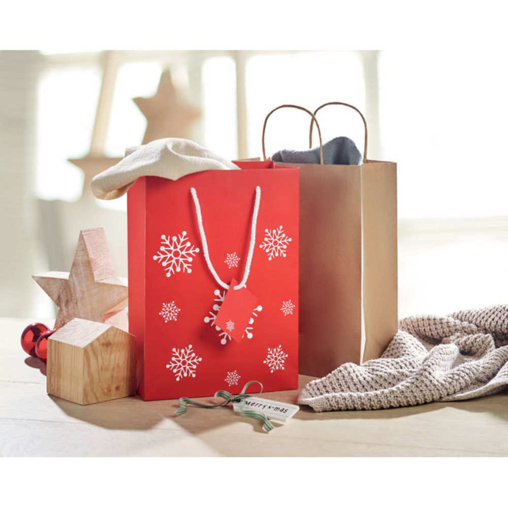 A medium-sized gift paper bag with a snowflake pattern and a tag - Hanley