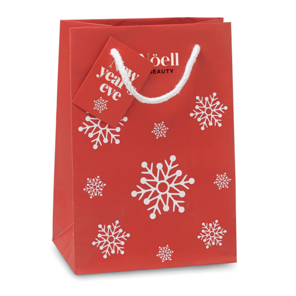 Elegante bolsa de papel para regalos con patrón de copos de nieve y etiqueta - Cartajima
