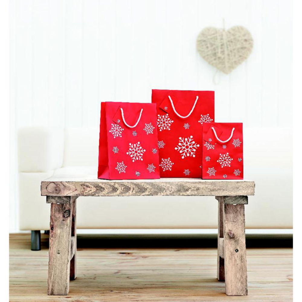 Elegante bolsa de papel para regalos con patrón de copos de nieve y etiqueta - Cartajima