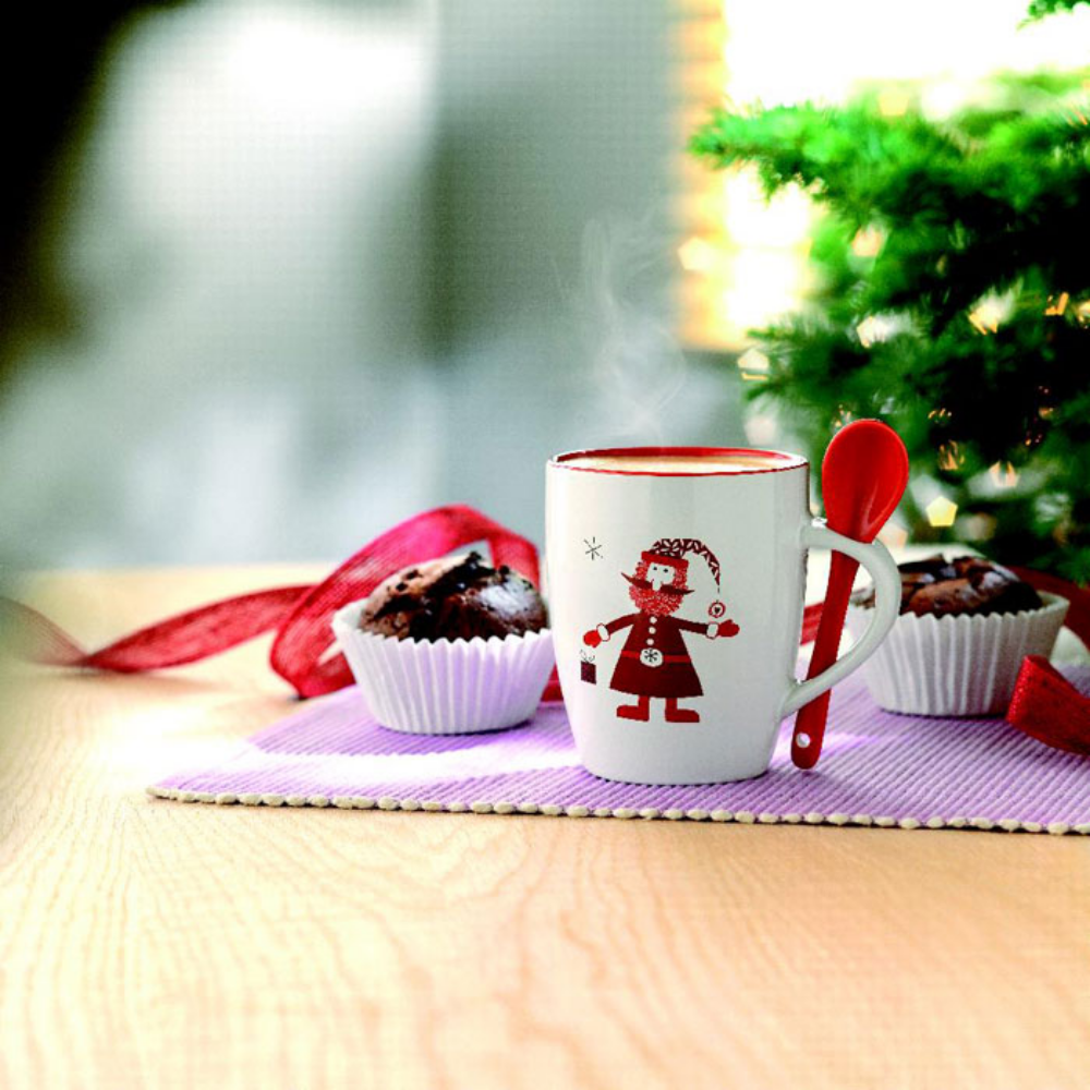 Santa Claus Decorated Ceramic Mug with Integrated Spoon - Lye Green