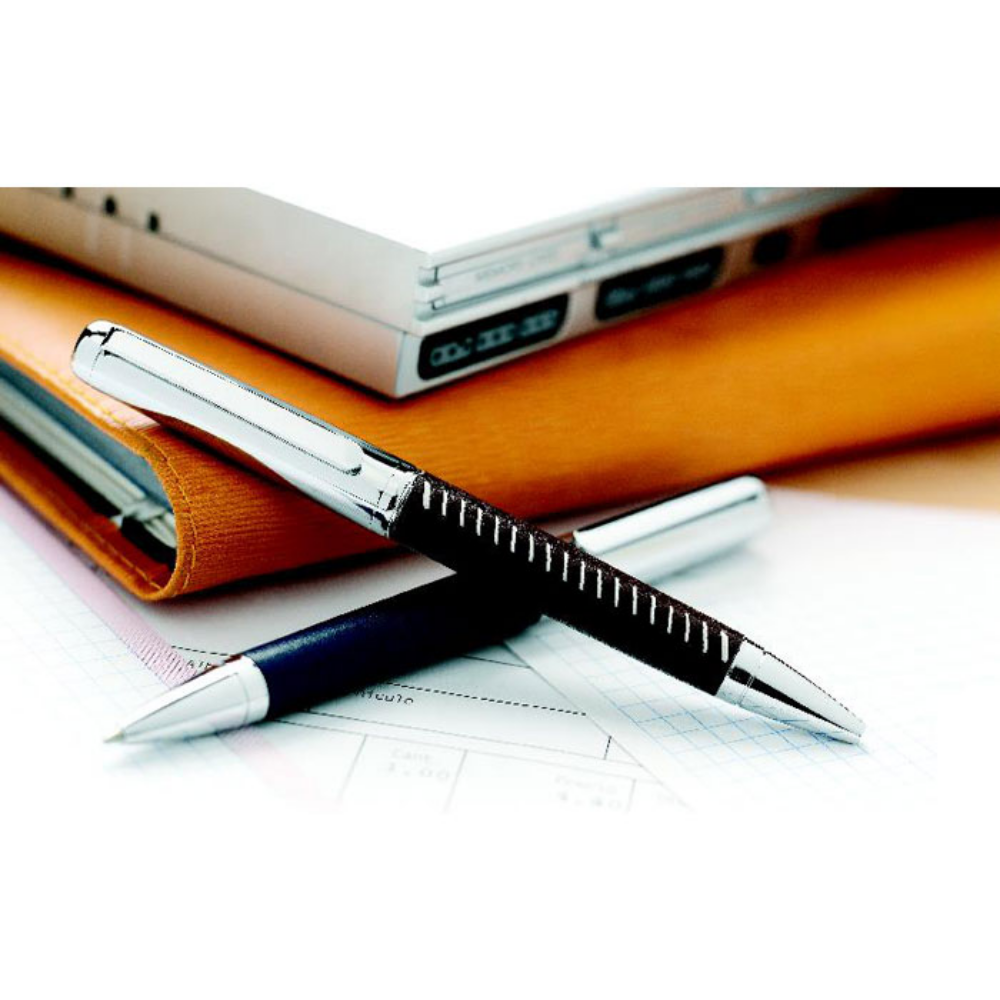 Metal Ball Pen with Silver Chrome Finish and PU Leather Detailing - Wooler