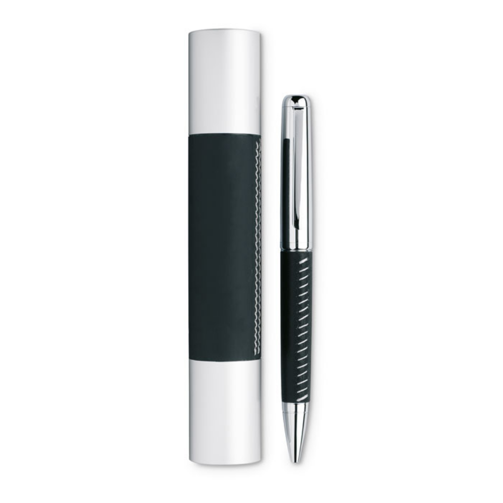 Kugelschreiber aus Metall mit silberner Chromoberfläche und PU-Lederapplikation - Michelstadt 