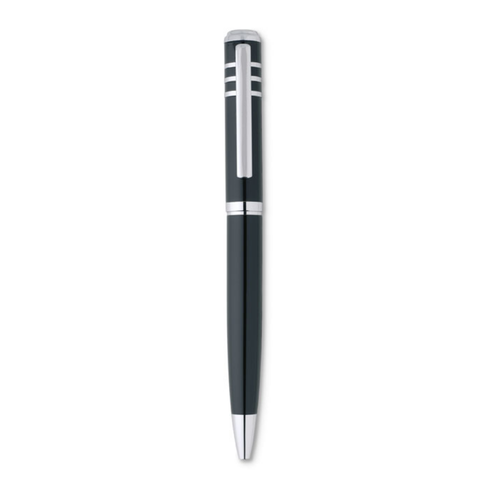A metal ballpoint pen that features a twisted design and has a shiny lacquer finish. This product is a part of the Helmsley collection. - Cadeby