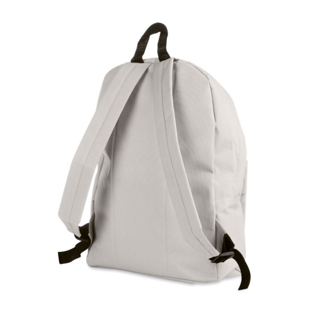 This is a 600D polyester backpack that comes with an external zipper pocket. - Ashley Heath