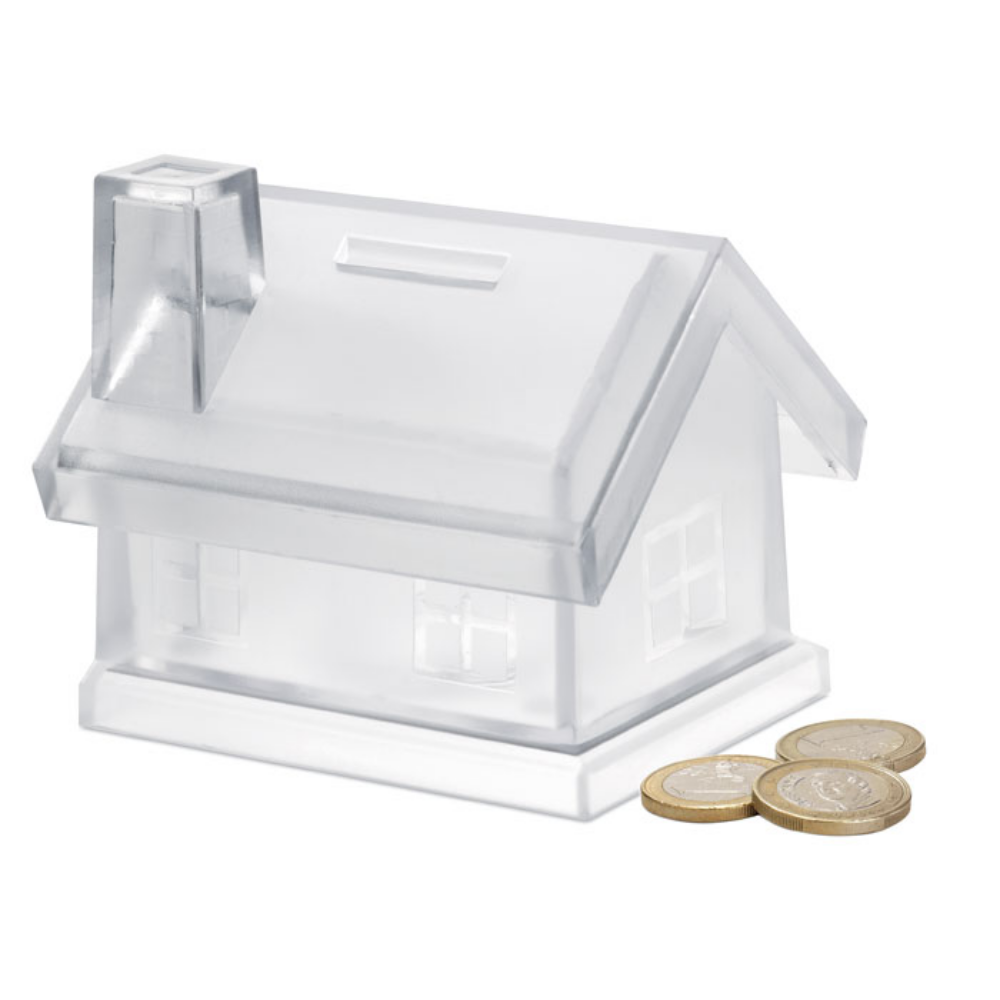 A coin bank in the shape of a house, made of plastic - Washington