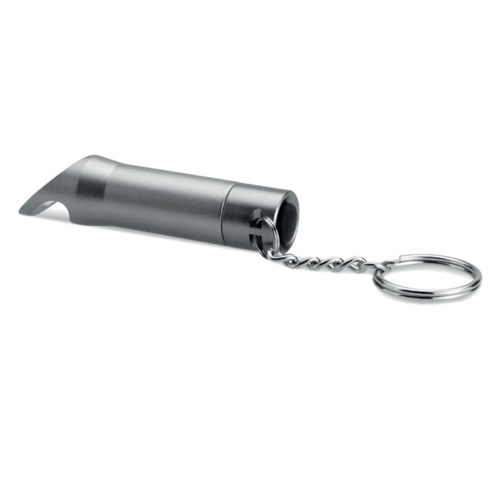 A keyring that features a metal LED flashlight and a bottle opener, brought to you by Little Snoring. - Kingsclere