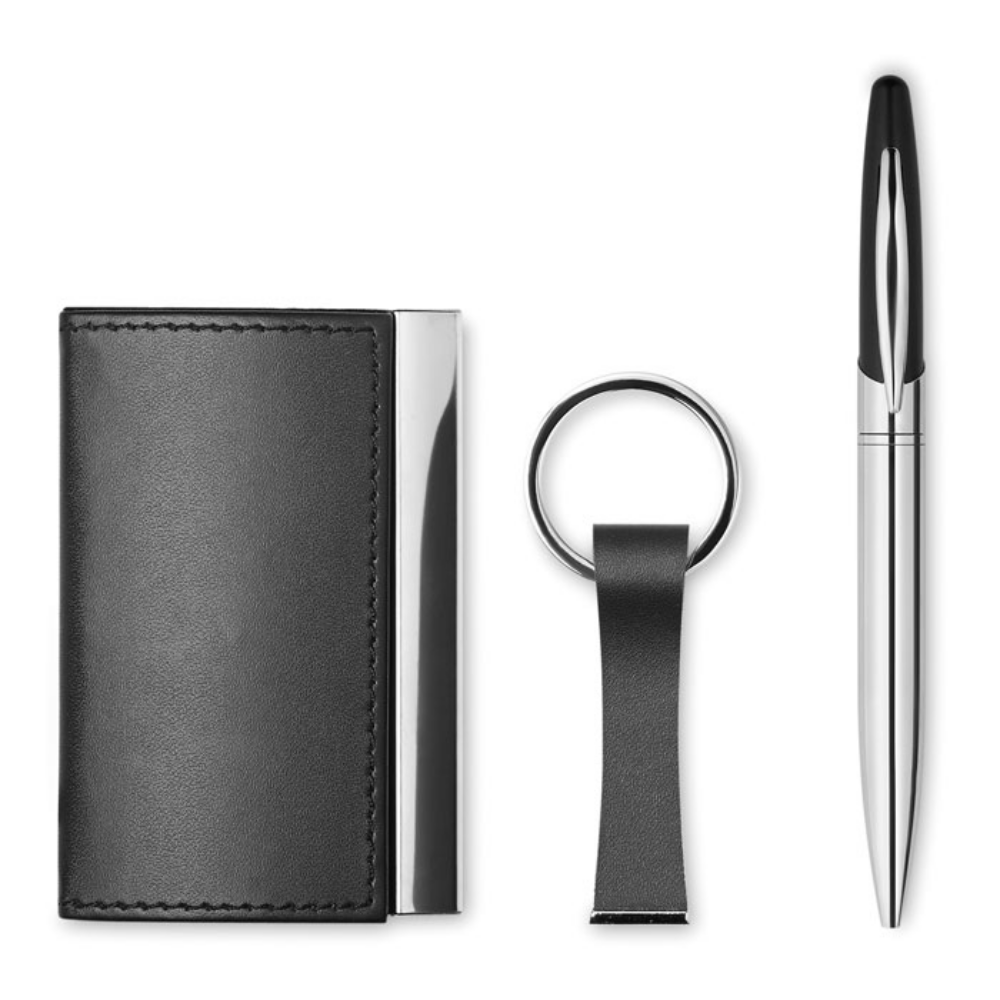 Set de regalo de negocios con bolígrafo de metal con giro, llavero de aleación de zinc y portatarjetas - Alesanco