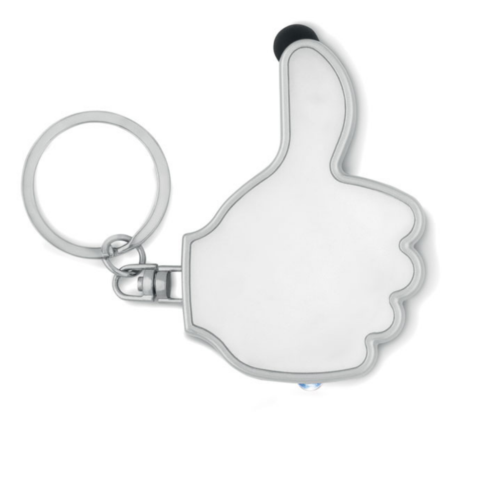 A key ring in the shape of a thumbs-up sign that comes with an LED light and a stylus. It includes 3 AG3 batteries. - Churchill - Skelmersdale