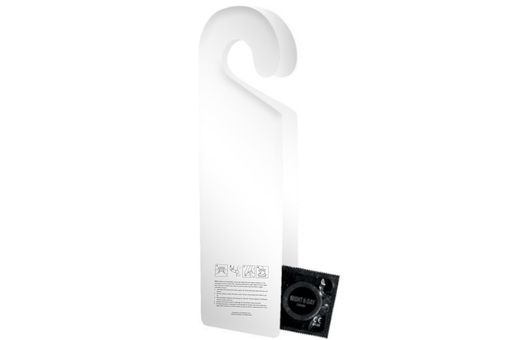A dual-door hanger with a single condom enclosed, accredited by ISO04074:2015 and CE0120 - Headcorn - Romford