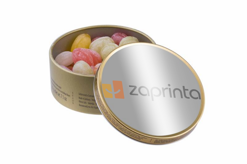 Tin Rotonda con adesivo a colori e caramelle da viaggio da 200g - Canneto Pavese