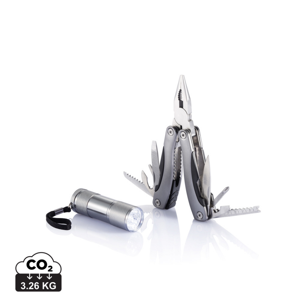 A multitool made of stainless steel, featuring an anodized handle and an LED flashlight, originating from Codford St Peter - Oldham