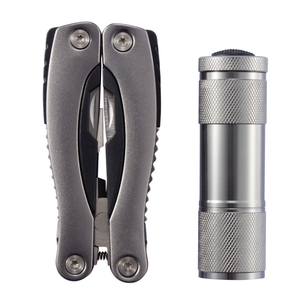 A multitool made of stainless steel, featuring an anodized handle and an LED flashlight, originating from Codford St Peter - Oldham