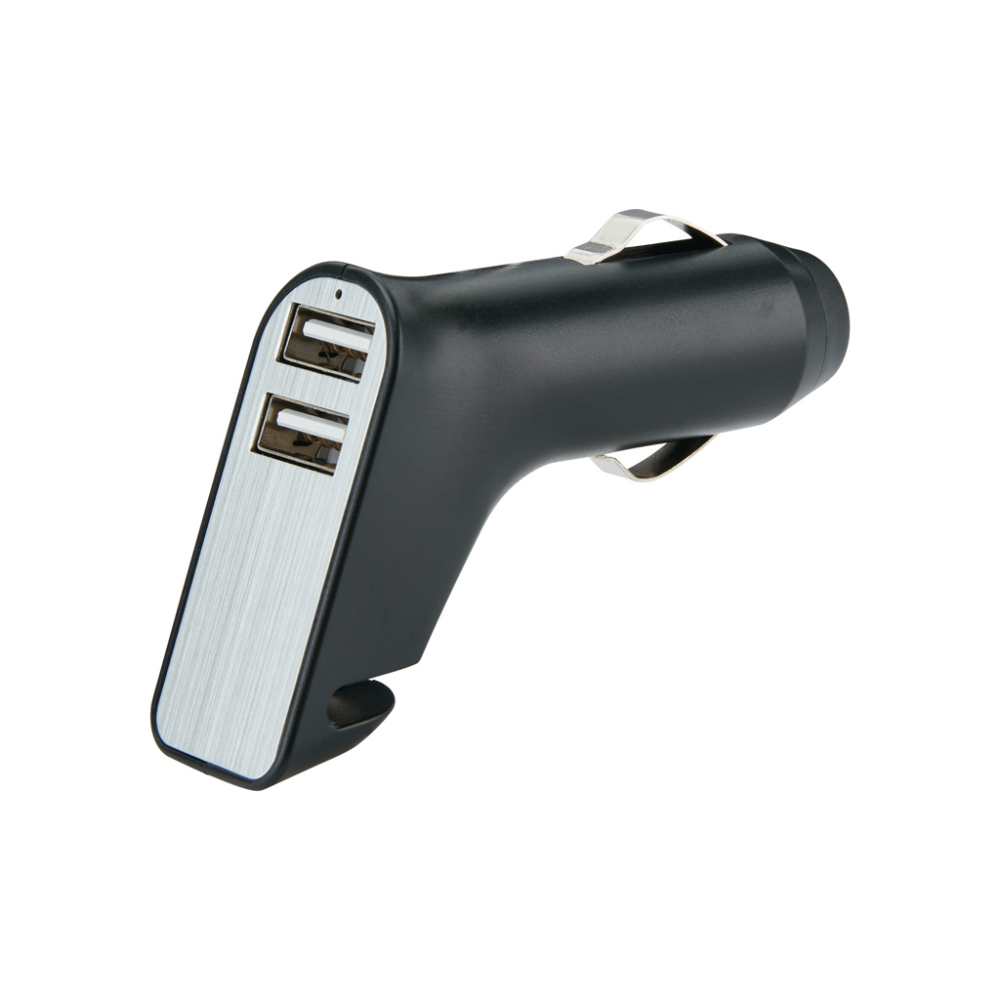 This is a dual USB port car charger that also includes an emergency belt cutter and a window breaker. - Borwick