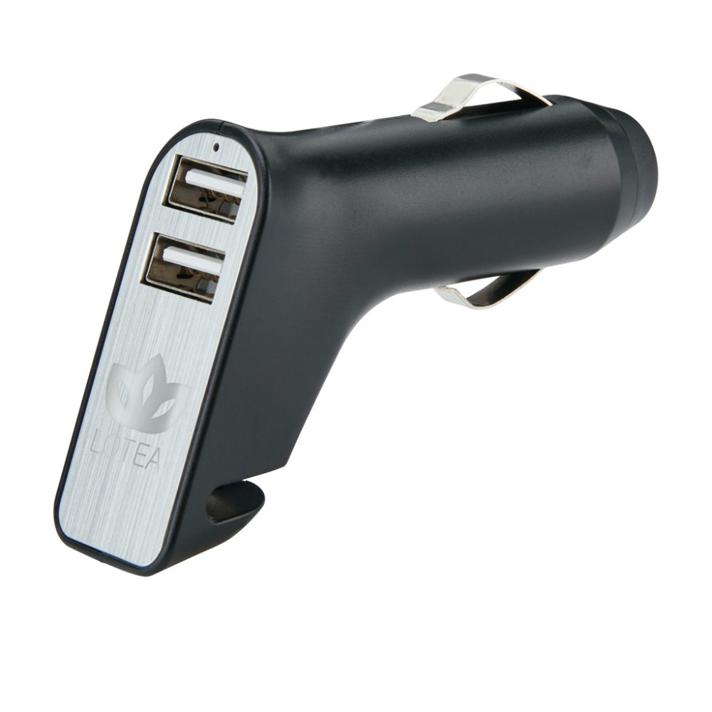 This is a dual USB port car charger that also includes an emergency belt cutter and a window breaker. - Borwick