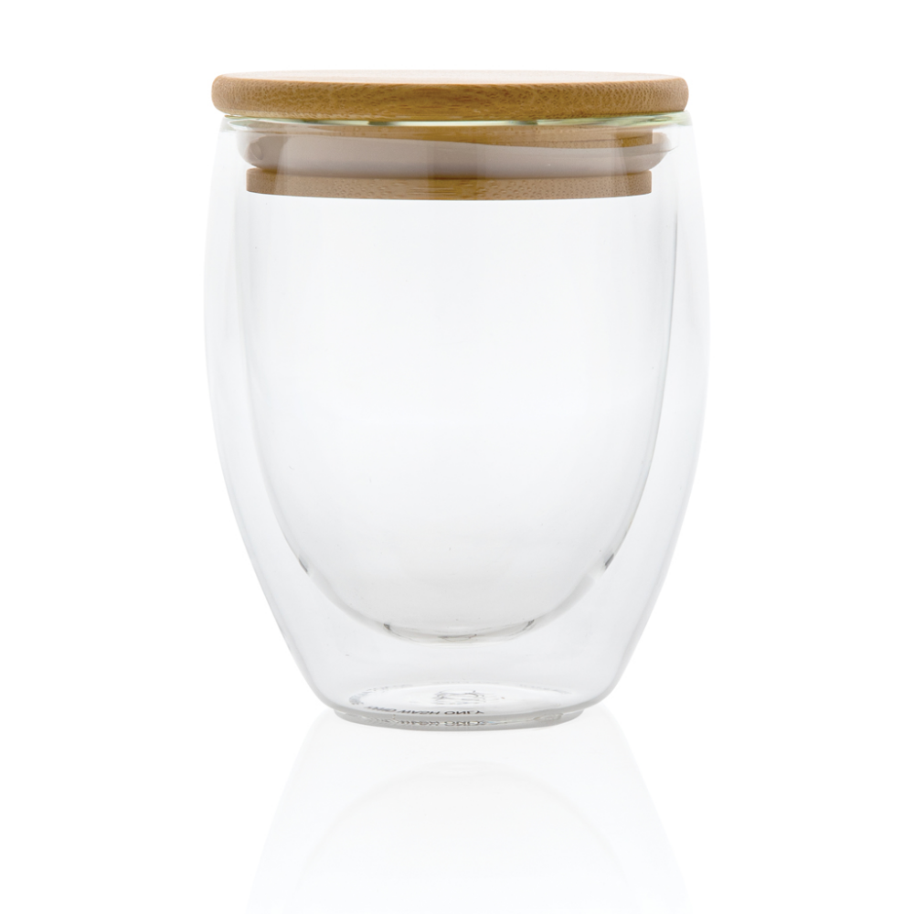 A double-walled borosilicate glass container with a bamboo lid. - Moseley