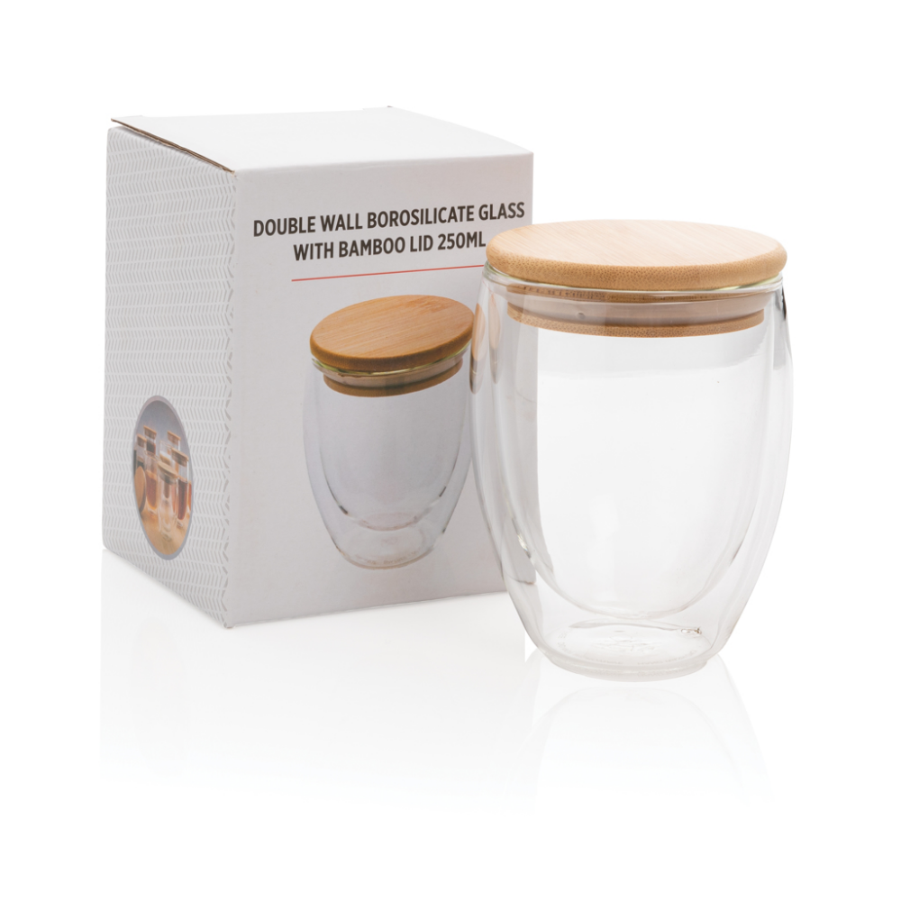 A double-walled borosilicate glass container with a bamboo lid. - Moseley