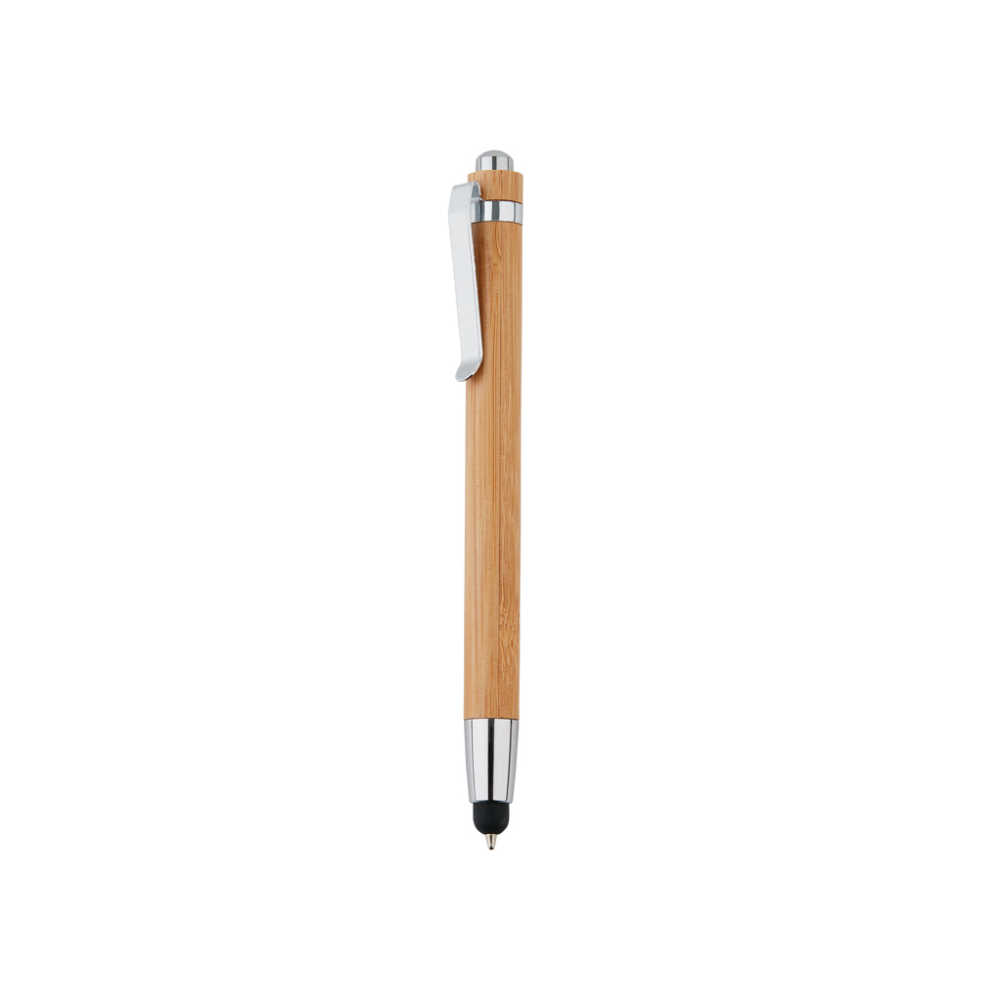 A bamboo touch pen that features an integrated stylus tip and a ballpoint. - Kelton