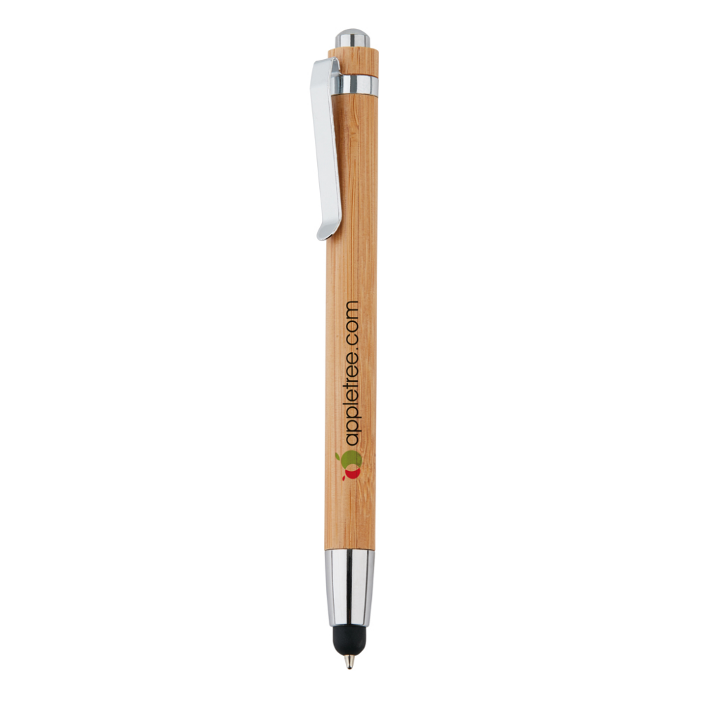 A bamboo touch pen that features an integrated stylus tip and a ballpoint. - Kelton