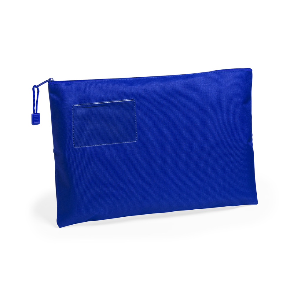 A document bag made of polyester material that features a zippered closure and includes a PVC identifier to mark the bag for easy recognition. - Woking