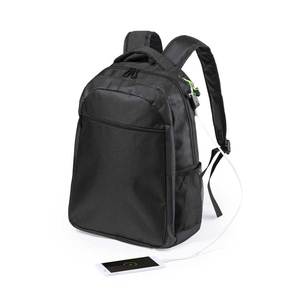 A waterproof backpack made of polyester that includes a USB port and a headphone output. - Hemsworth