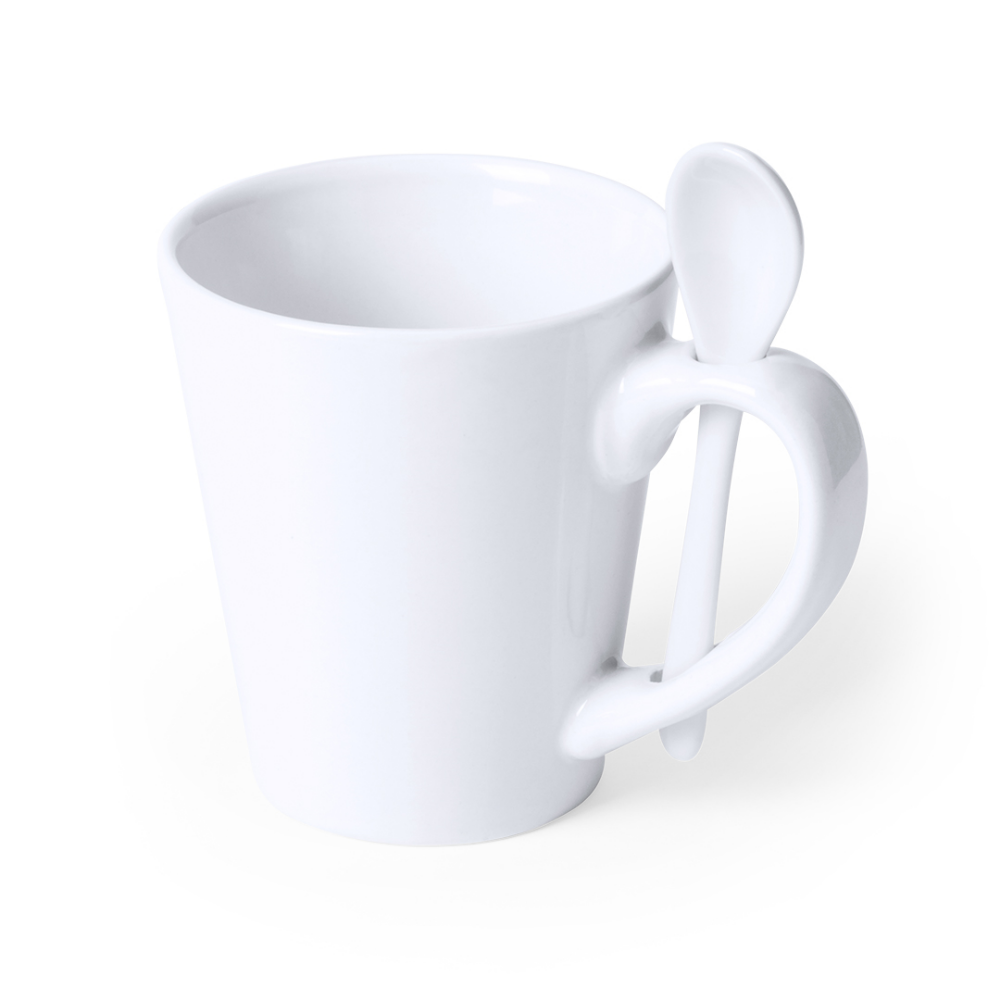 White Ceramic Mug with Built-in Spoon - Loch Lomond