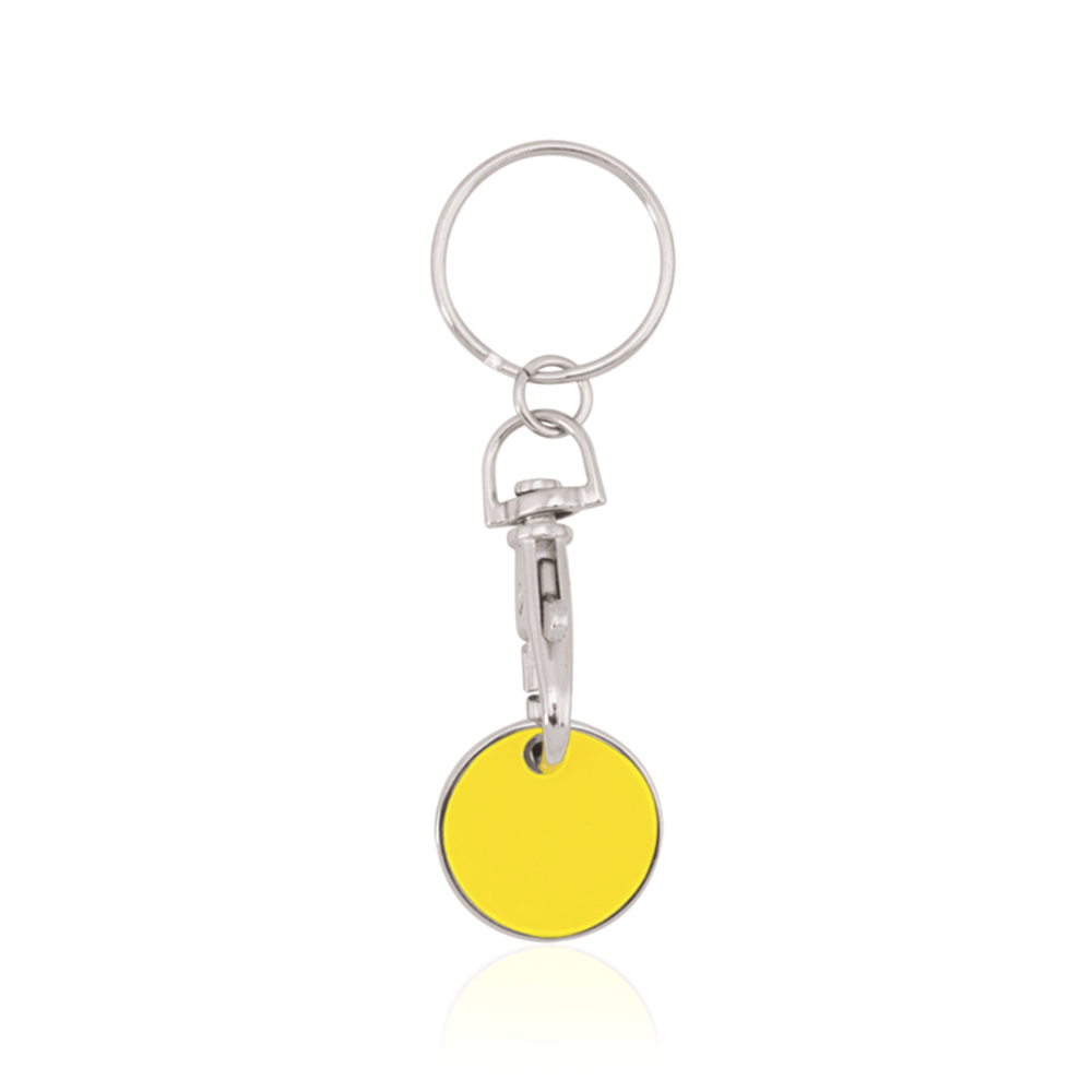 A stylish metallic keychain designed in the shape of a coin. The coin is detachable and the keychain also includes a carabiner. - Cubbington