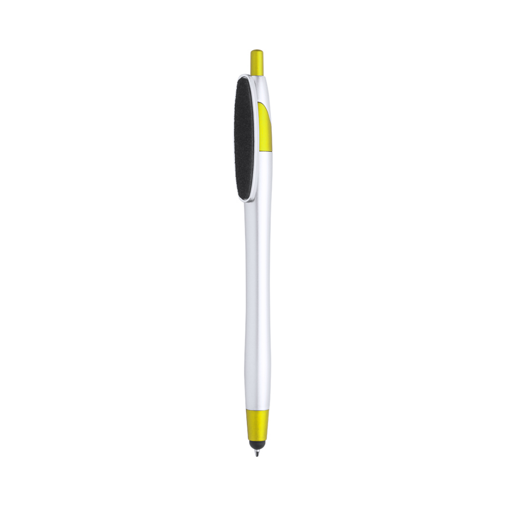 A two-tone metallic push-up ballpoint pen with a clip that can be used to clean screens - Watling Street