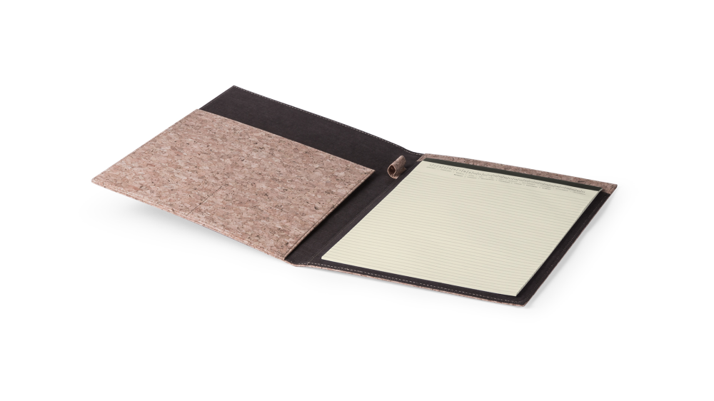 A folder made of natural cork with a soft touch exterior and PU leather interior - Market Drayton