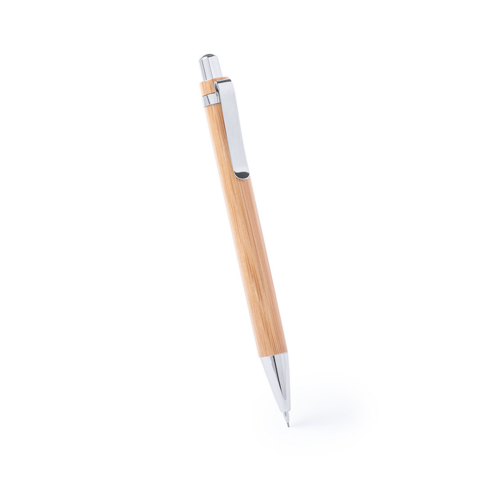 Un conjunto que contiene un bolígrafo y un lápiz mecánico, ambos con acabado de madera de bambú y metálico. - Coldred - Alella