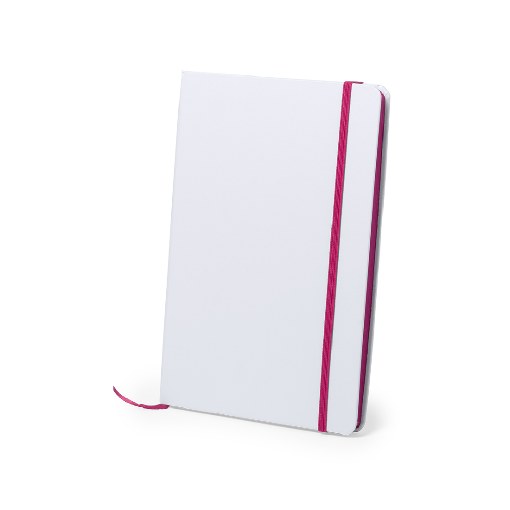 A notepad with a soft-touch cover, an elastic band and a fabric bookmark - Acle