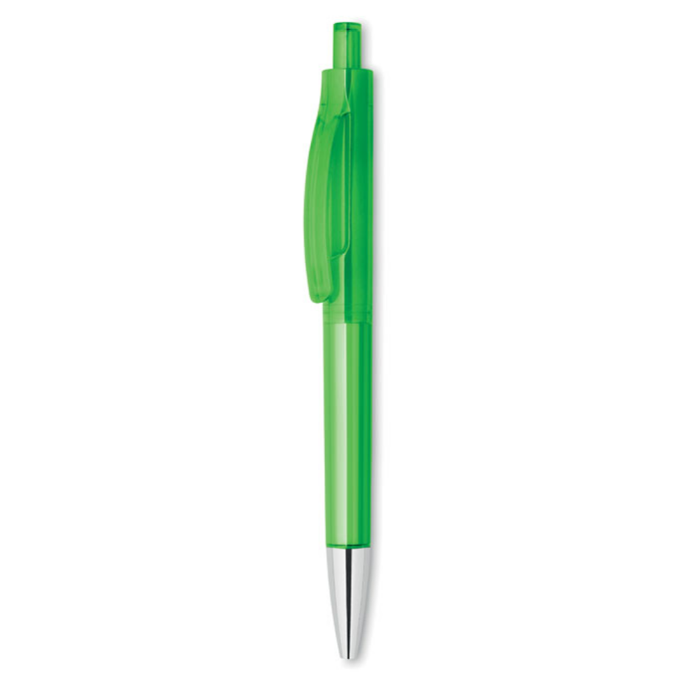 This is a push-button ball pen made of ABS. It features a transparent barrel and a shiny tip. The model name is Bibury. - Kemble