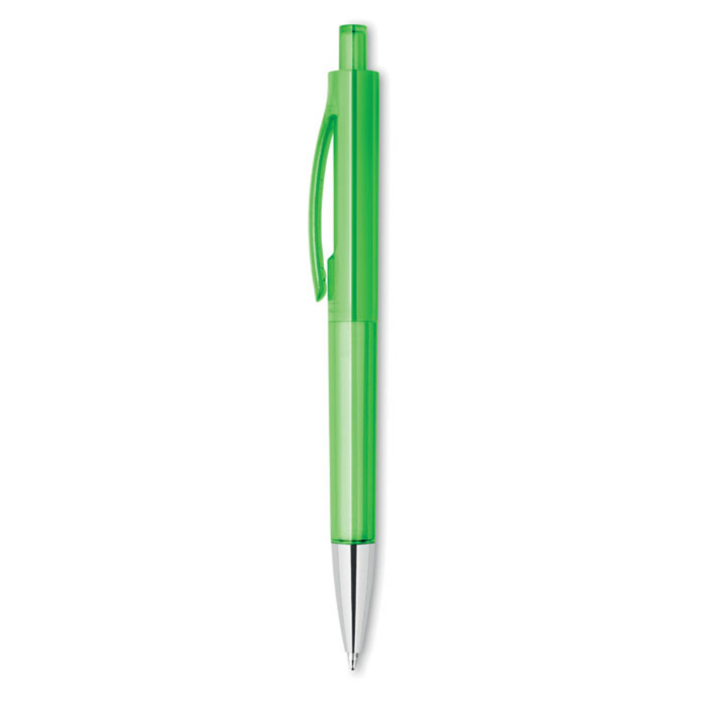 This is a push-button ball pen made of ABS. It features a transparent barrel and a shiny tip. The model name is Bibury. - Kemble
