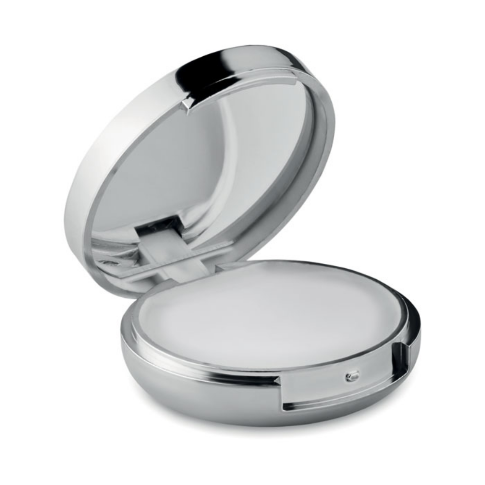 This is a metallic lip balm that comes with a mirror in the lid. It is vanilla flavored and has an SPF of 10. The product is named 'Piddlehinton.' - Scarborough
