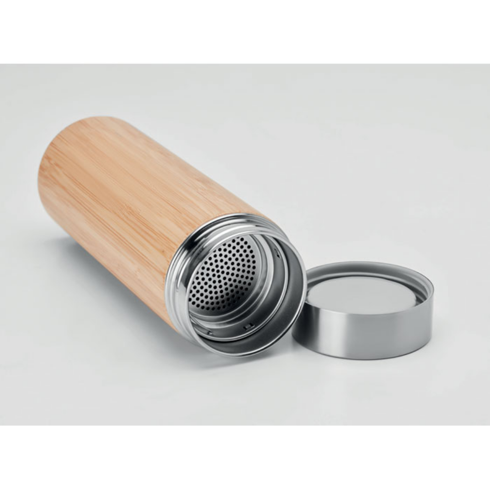 Borraccia termica in acciaio inossidabile a doppia parete con coperchio in bambù e infusore per tè - Belgioioso