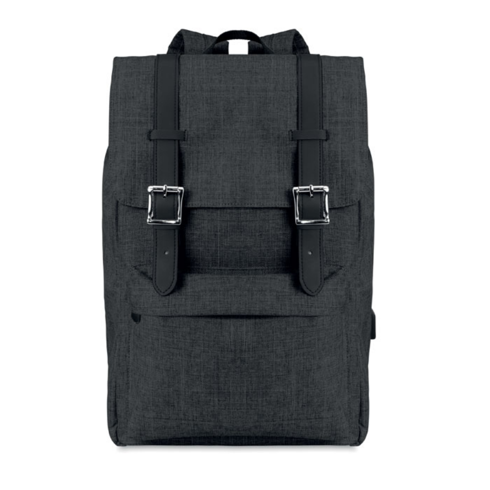 600D Two-Tone Polyester Laptop Backpack with USB Charging Cable - Plumpton