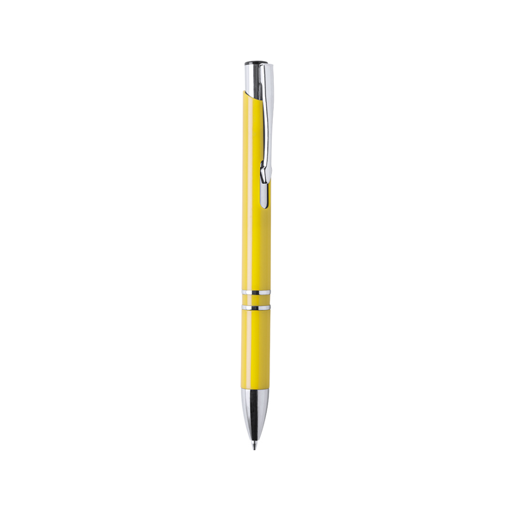 Bolígrafo de colores brillantes con detalles cromados y tinta azul - Piedratajada