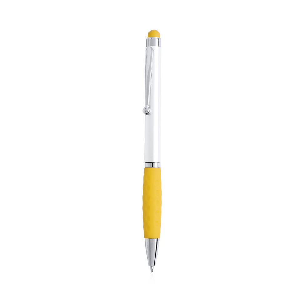 A ballpoint pen with a two-color design and a twist mechanism. It also features a metal clip for easy attachment. - Addington