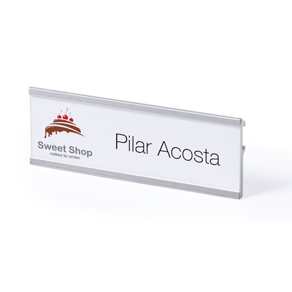 Name tag with anodized aluminum frame and hooking clip - Falkland