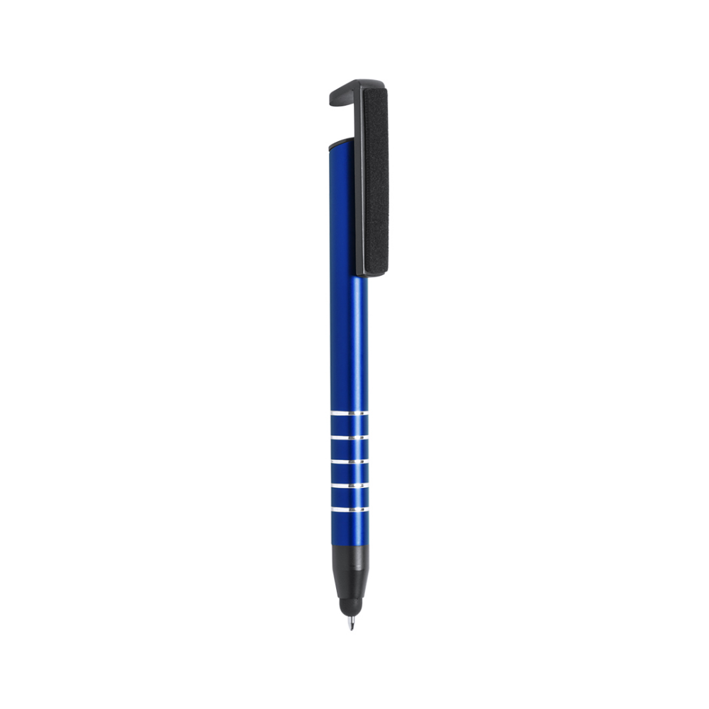 A multi-purpose ballpoint pen that also functions as a mobile device holder and screen cleaner. - Barford