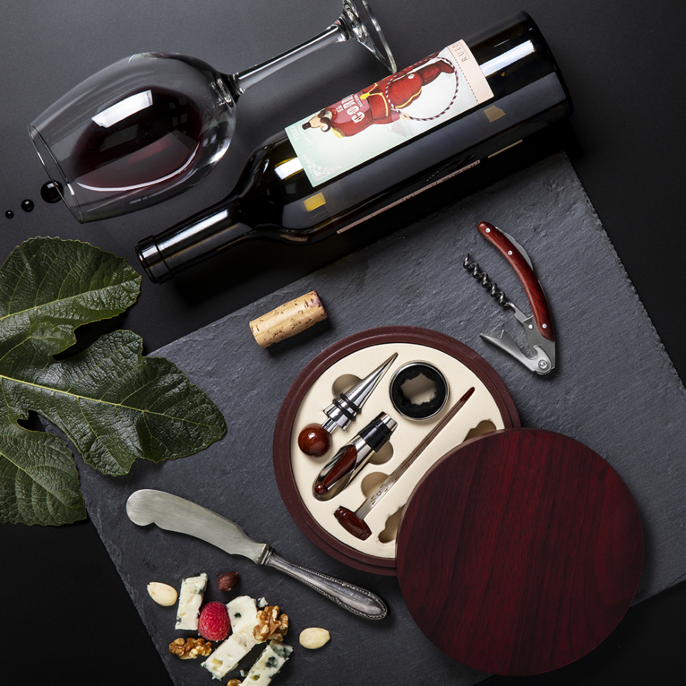 An elegant circular designed wine set with a natural wood finish - Glossop