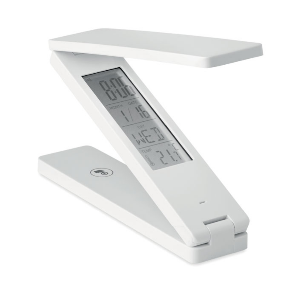 A foldable LED desk lamp that is also equipped with a weather station. It's manufactured by Little Hayfield. - Appleton Thorn