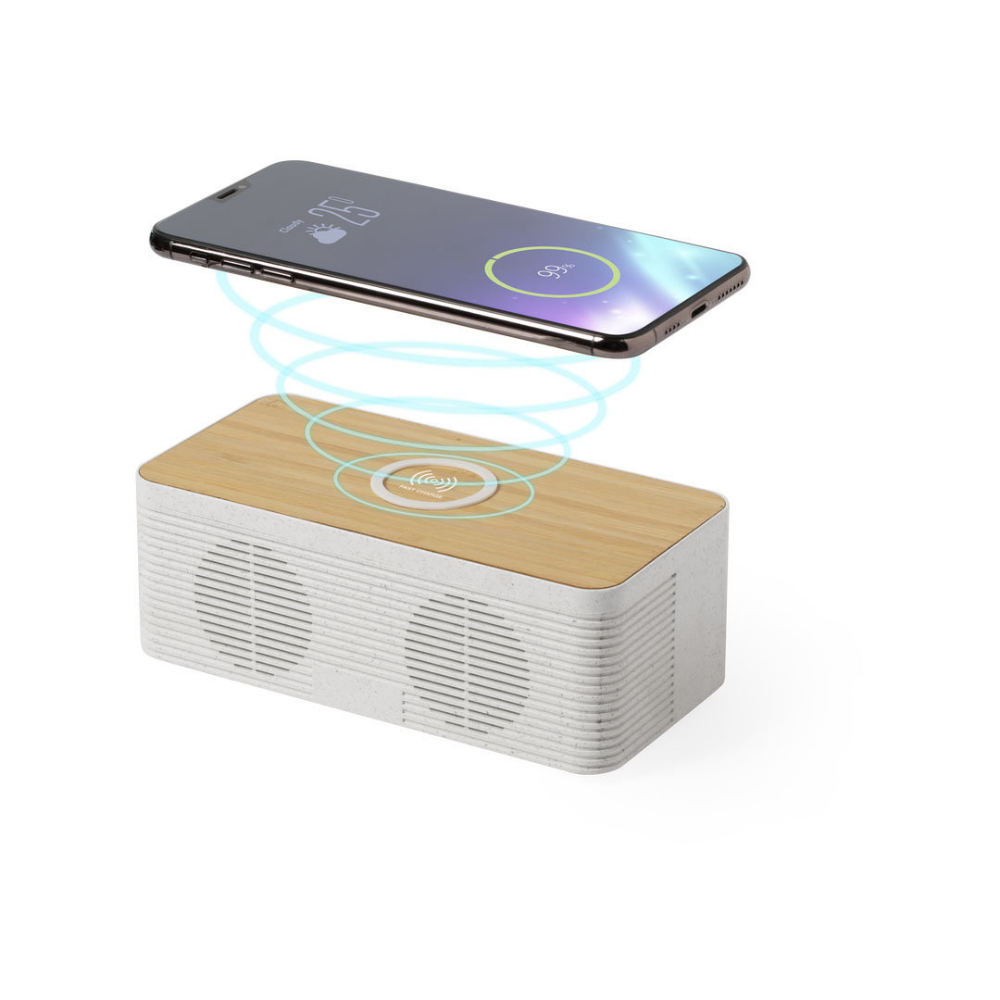 Wireless charger made of environment-friendly bamboo material that also includes Bluetooth capabilities. - Halton