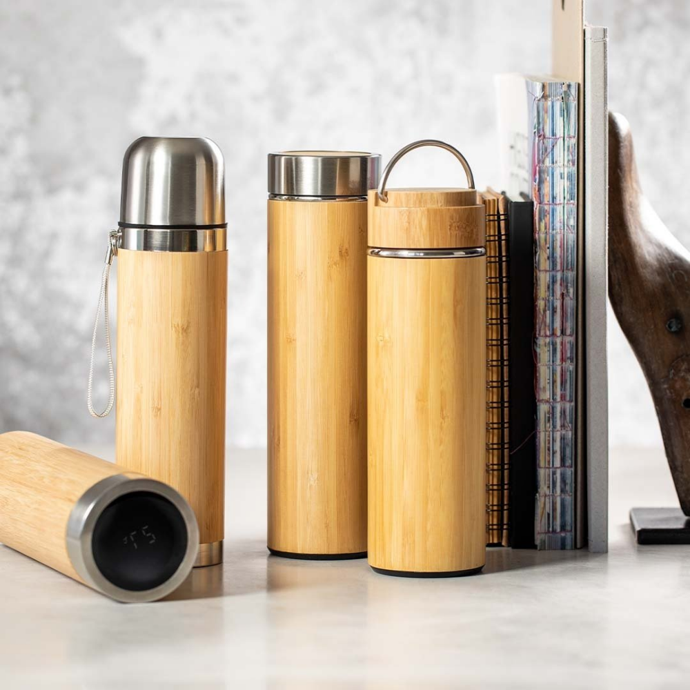 Personalisierte ökologische Trinkflasche aus Edelstahl und Bambus 420 ml - Johann