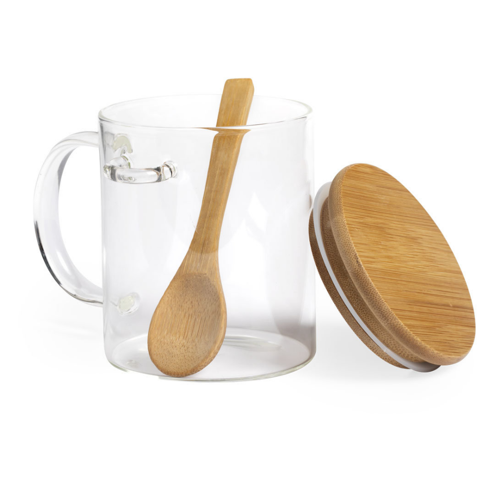 Tazza in vetro borosilicato della linea Nature con coperchio in bambù e cucchiaio - Rivanazzano Terme