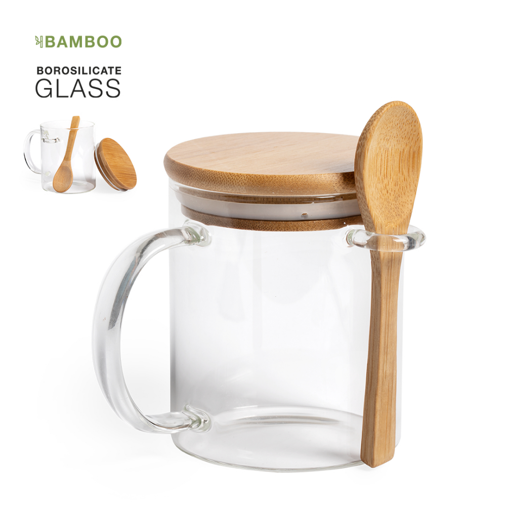 Tazza in vetro borosilicato della linea Nature con coperchio in bambù e cucchiaio - Rivanazzano Terme