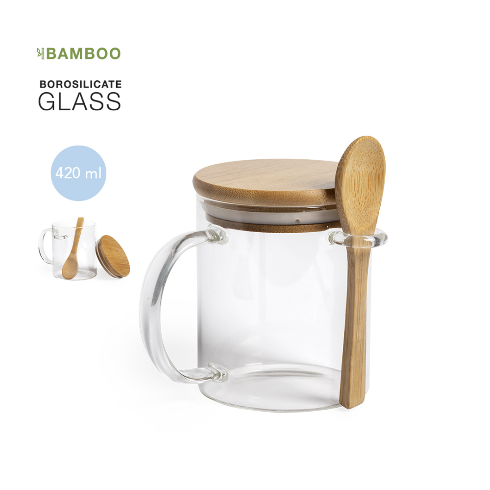 Tasse bedrucken aus Glas mit Bambusdeckel und Löffel 420 ml - Leopoldo