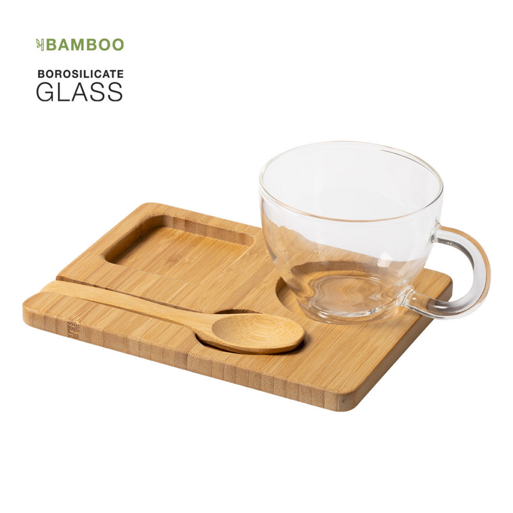 Set de tazas de vidrio de borosilicato Nature Line con base de bambú y cuchara - Cazorla