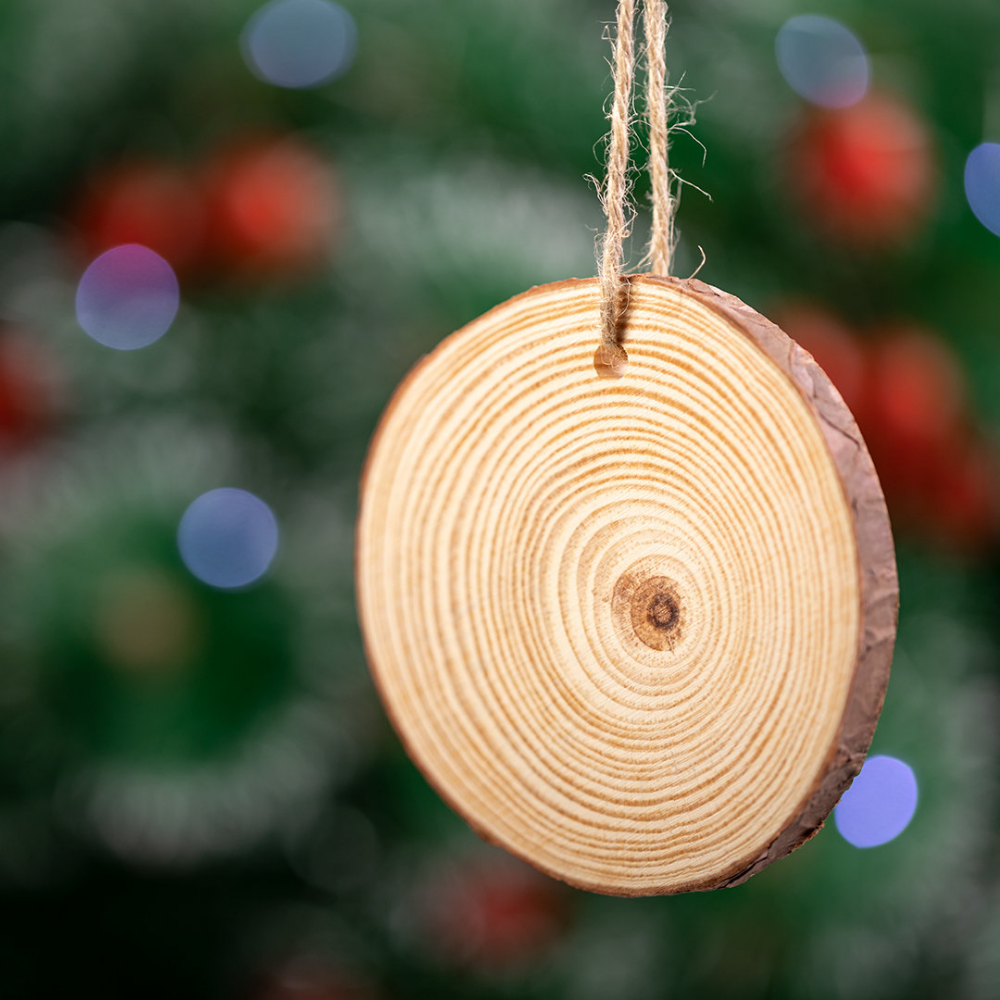 Natural Wood Cut Christmas Ornament with Hanging Ribbon - Lytchett Minster