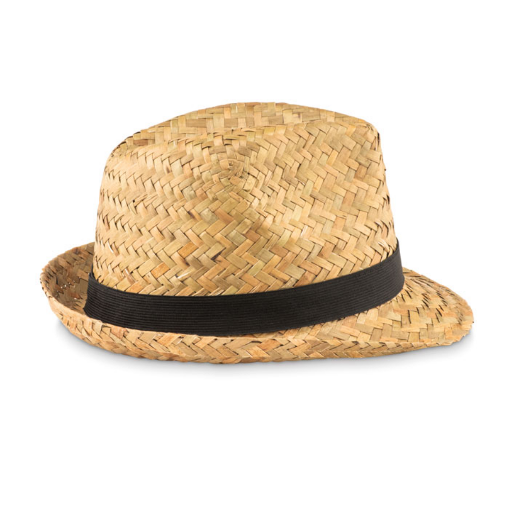 A hat made from natural straw materials, complimented with a band made from polyester. - Southport