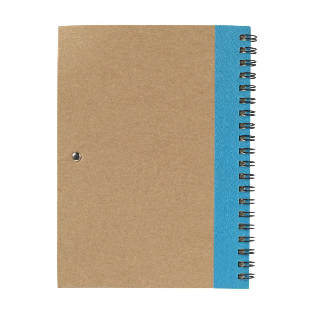 A spiral notebook made from recycled materials, which comes with a ballpoint pen that has blue ink. - Bishops Waltham